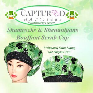 NWOT Womens Bouffant Scrub Cap Lucky Clover Surgical Bonnet - Handmade